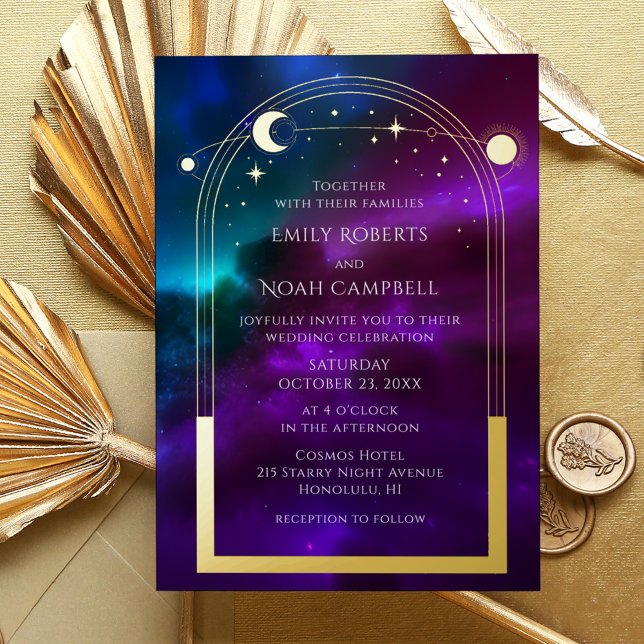 Cosmic Gold Sun Moon Astronomy Space Foil Invitation (Creator Uploaded)