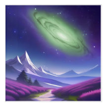 Cosmic Green Galaxy Over Purple Mountain Landscape