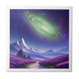 Cosmic Green Galaxy Over Purple Mountain Landscape Ceramic Tile