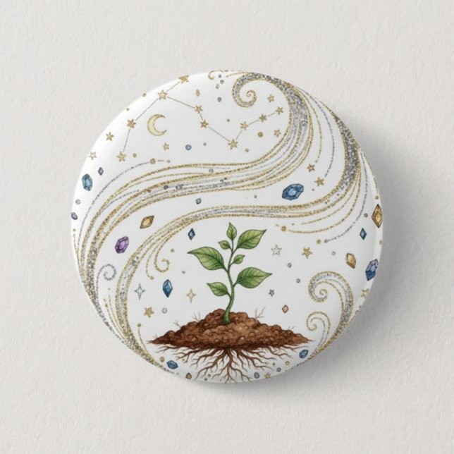 Cosmic Growth Nature Plant with Roots and Stars  Button (Front)