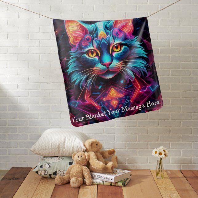 Cosmic Guardian Cat – Neon Galaxy Mandala  Baby Blanket (In Situ)