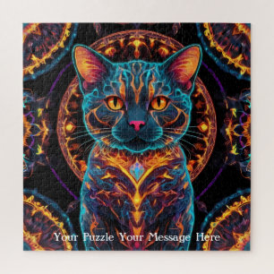 Cosmic Guardian Cat – Neon Galaxy Mandala Jigsaw Puzzle
