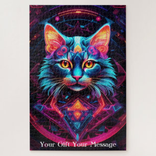 Cosmic Guardian Cat – Neon Galaxy Mandala Jigsaw Puzzle