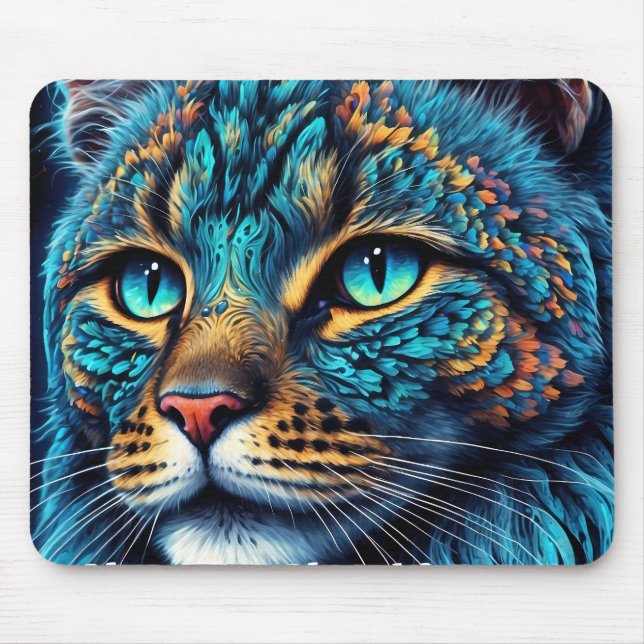 Cosmic Guardian Cat – Neon Galaxy Mandala  Mouse Pad (Front)