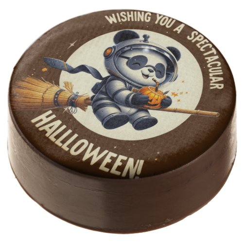 Cosmic Halloween Panda Astronaut Enjoys Pumpkin  Chocolate Covered Oreo