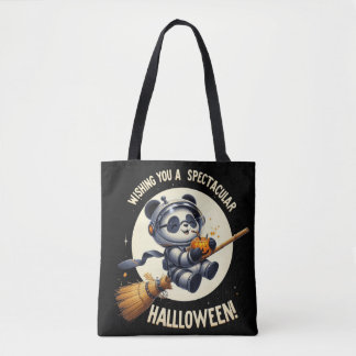 Cosmic Halloween: Panda Astronaut Enjoys Pumpkin Tote Bag