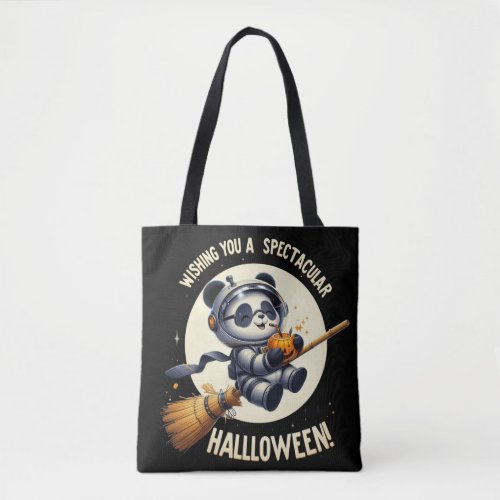 Cosmic Halloween Panda Astronaut Enjoys Pumpkin  Tote Bag