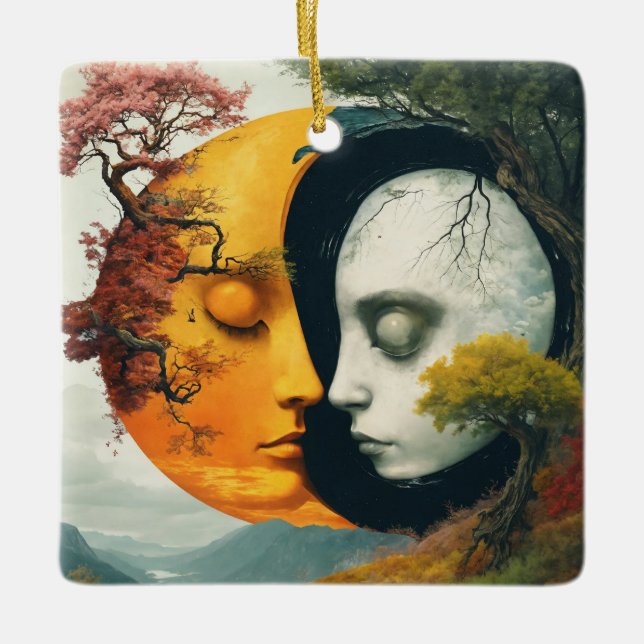 "Cosmic Harmony: Sun & Moon Ornament" Ceramic Ornament (Front)