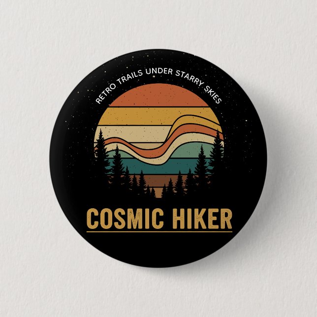 Cosmic Hiker Retro 70s Sunset Space Forest Stars Button (Front)