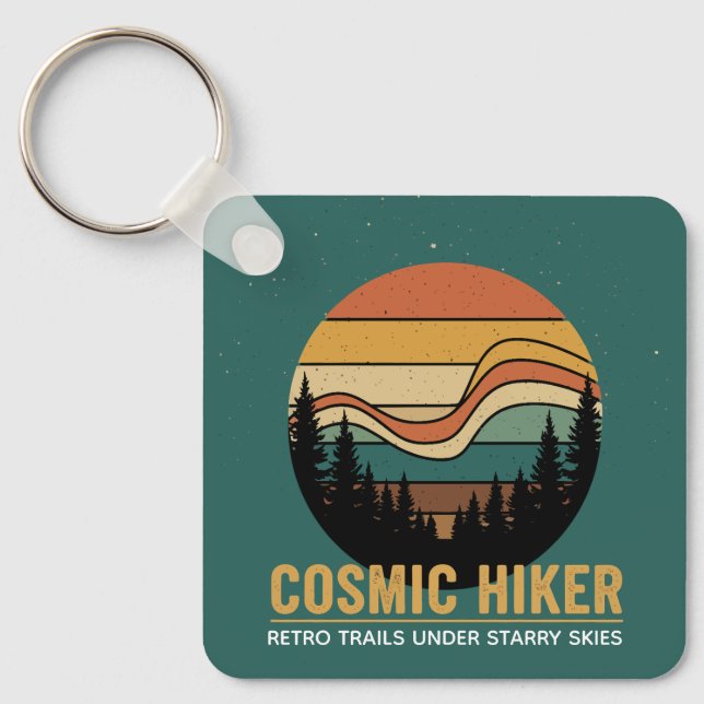Cosmic Hiker Retro 70s Sunset Space Forest Stars Keychain (Front)