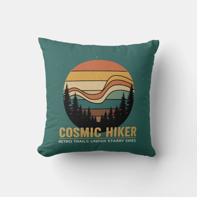 Cosmic Hiker Retro 70s Sunset Space Forest Stars Throw Pillow (Front)