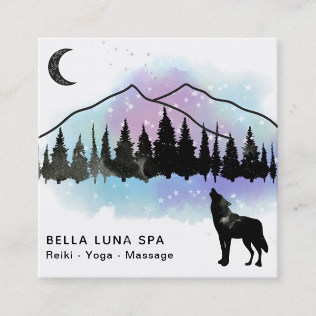 *~* Cosmic Howling Wolf Rainbow Mountain Shaman Square Business Card (Front)