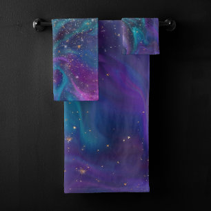 Cosmic Ink   Turquoise Blue Purple Galaxy Nebula Bath Towel Set