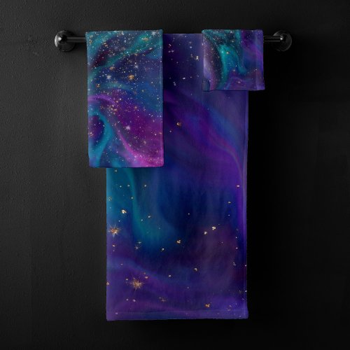 Cosmic Ink  Turquoise Blue Purple Galaxy Nebula Bath Towel Set