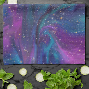 Cosmic Ink   Turquoise Blue Purple Galaxy Nebula Kitchen Towel