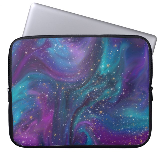 Cosmic Ink | Turquoise Blue Purple Galaxy Nebula Laptop Sleeve (Front)