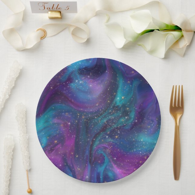 Cosmic Ink | Turquoise Blue Purple Galaxy Nebula Paper Plates (Wedding)