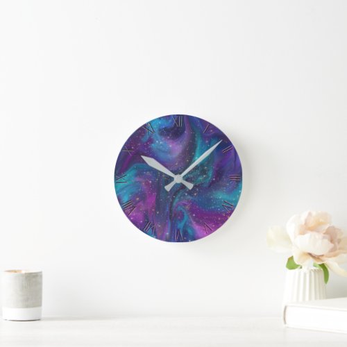 Cosmic Ink  Turquoise Blue Purple Galaxy Nebula Round Clock