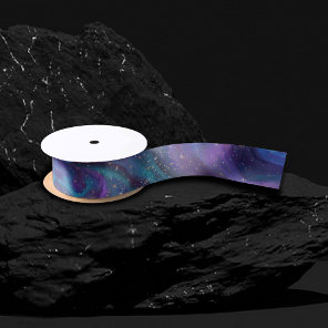 Cosmic Ink | Turquoise Blue Purple Galaxy Nebula Satin Ribbon