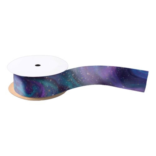 Cosmic Ink  Turquoise Blue Purple Galaxy Nebula Satin Ribbon