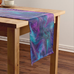 Cosmic Ink Turquoise Blue Purple Galaxy Nebula Short Table Runner