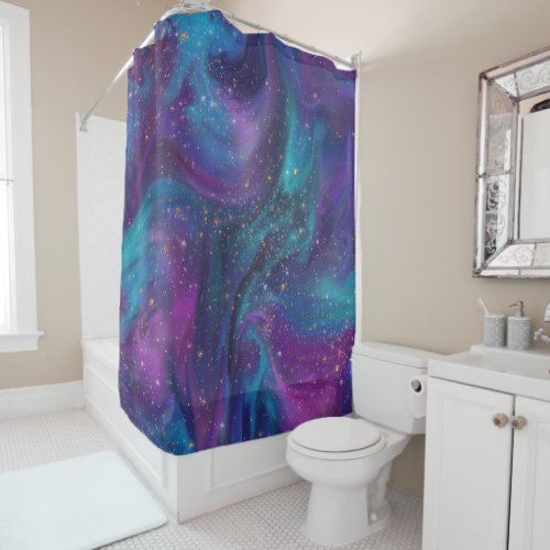 Cosmic Ink  Turquoise Blue Purple Galaxy Nebula Shower Curtain