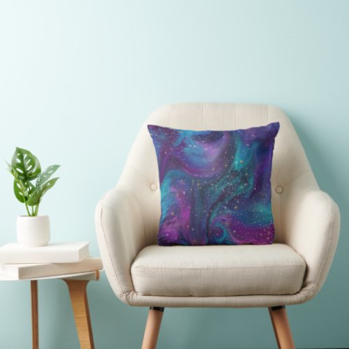 Cosmic Ink  Turquoise Blue Purple Galaxy Nebula Throw Pillow