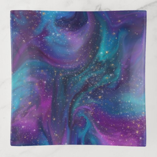 Cosmic Ink  Turquoise Blue Purple Galaxy Nebula Trinket Tray