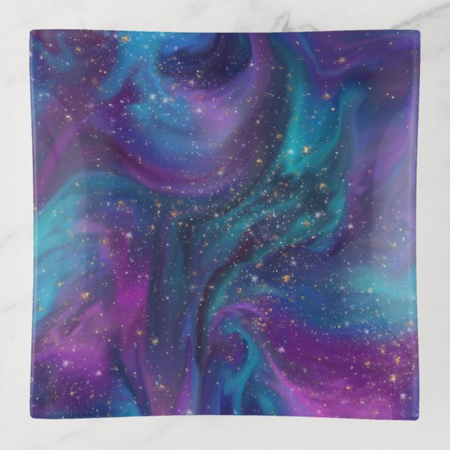 Cosmic Ink | Turquoise Blue Purple Galaxy Nebula Trinket Tray (Front)