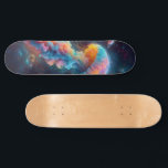 Cosmic Jellyfish Artwork Skateboard<br><div class="desc">This surreal image features a vibrant jellyfish floating through a cosmic space setting. The jellyfish's translucent bell showcases bright hues of blue, pink, orange, and yellow, with its tentacles trailing behind in a cloud-like formation of similar colors. Surrounding the jellyfish are celestial bodies, including planets and stars, creating the impression...</div>