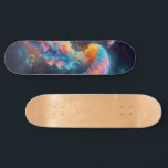 Cosmic Jellyfish Artwork Skateboard<br><div class="desc">This surreal image features a vibrant jellyfish floating through a cosmic space setting. The jellyfish's translucent bell showcases bright hues of blue, pink, orange, and yellow, with its tentacles trailing behind in a cloud-like formation of similar colors. Surrounding the jellyfish are celestial bodies, including planets and stars, creating the impression...</div>