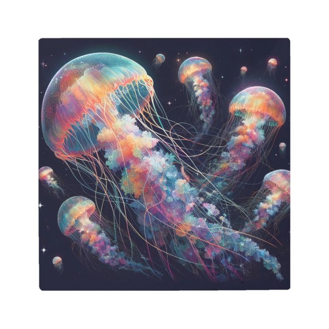 Cosmic Jellyfish Dance: A Stellar Aquatic Display Metal Print (Front)