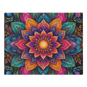 COSMIC JEWEL TONED FLORAL MANDALA ART FAUX CANVAS PRINT