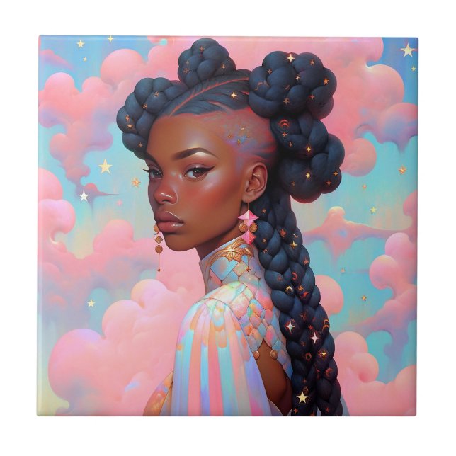 Cosmic Lady African American Fantasy Art Ceramic Tile (Front)