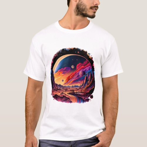 Cosmic landscape with planets and mountains T_Shirt