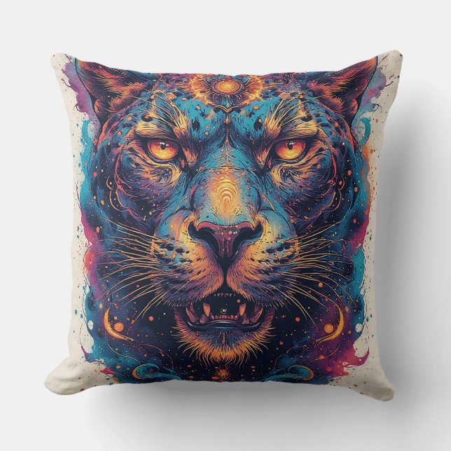 Cosmic Leopard Portrait With Mystical Effect Throw Pillow (Front)
