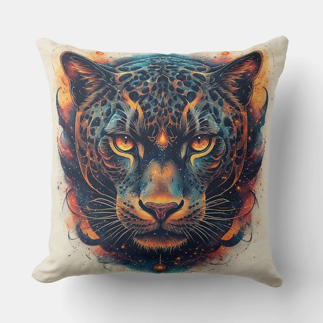 Cosmic Leopard Portrait With Mystical Effect Throw Pillow (Front)