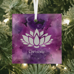 Cosmic Lotus Flower in Magenta Galaxy Glass Ornament