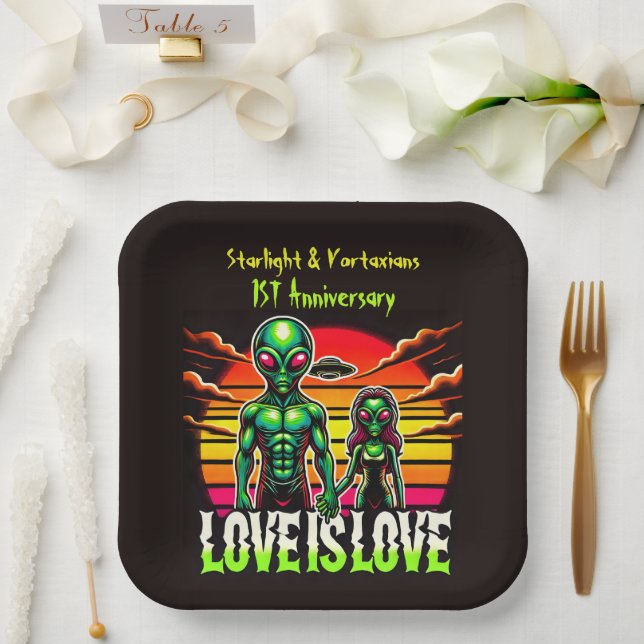 Cosmic Love Shared by Alien Couple Paper Plates (Wedding)