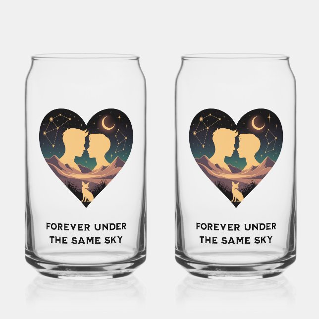 Cosmic Love Story Heart with Lovers and Fox Art Can Glass (Back)