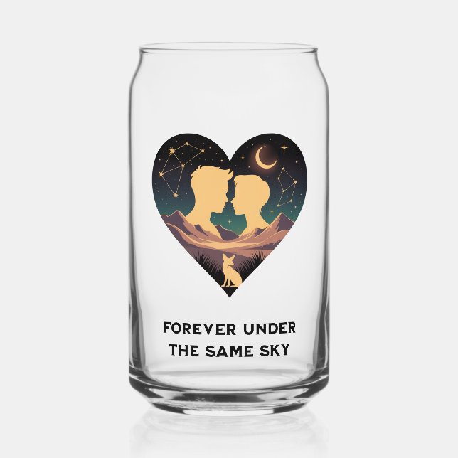 Cosmic Love Story Heart with Lovers and Fox Art Can Glass (Back)