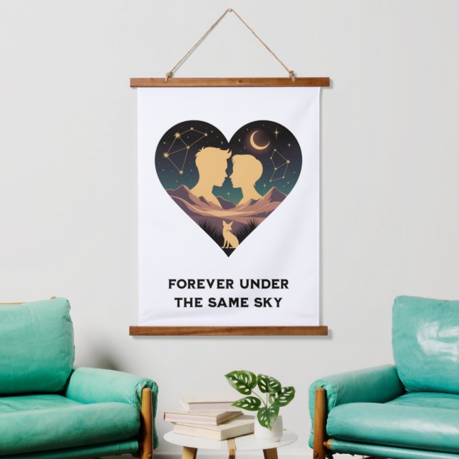 Cosmic Love Story Heart with Lovers and Fox Art Hanging Tapestry (Living Room)