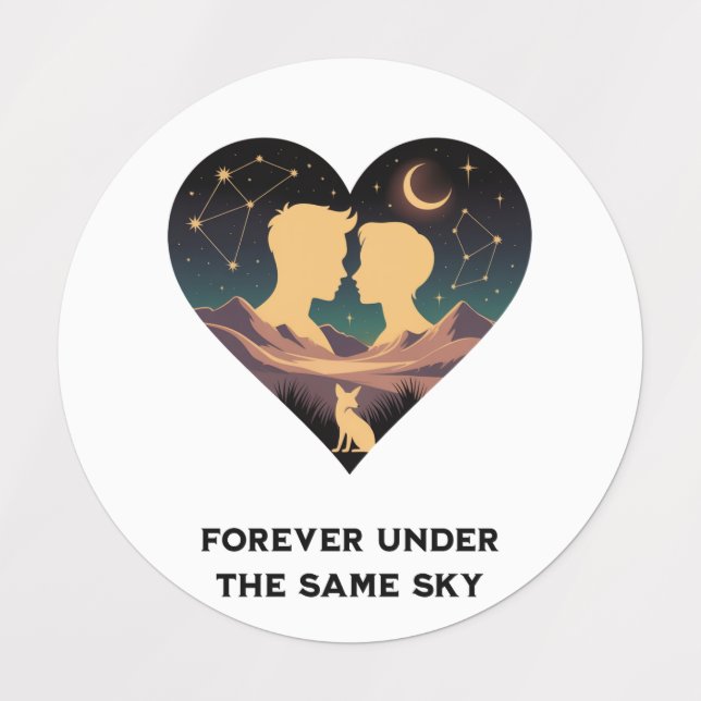Cosmic Love Story Heart with Lovers and Fox Art Labels (Design 1)