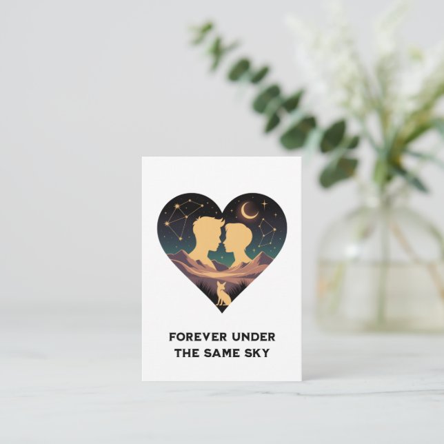Cosmic Love Story Heart with Lovers and Fox Art Note Card (Standing Front)