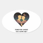 Cosmic Love Story Heart with Lovers and Fox Art Oval Sticker