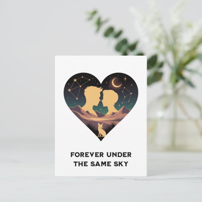 Cosmic Love Story Heart with Lovers and Fox Art Postcard (Standing Front)