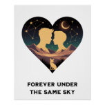 Cosmic Love Story Heart with Lovers and Fox Art Poster