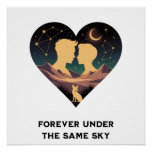 Cosmic Love Story Heart with Lovers and Fox Art Poster