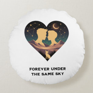 Cosmic Love Story Heart with Lovers and Fox Art Round Pillow