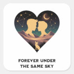 Cosmic Love Story Heart with Lovers and Fox Art Square Sticker